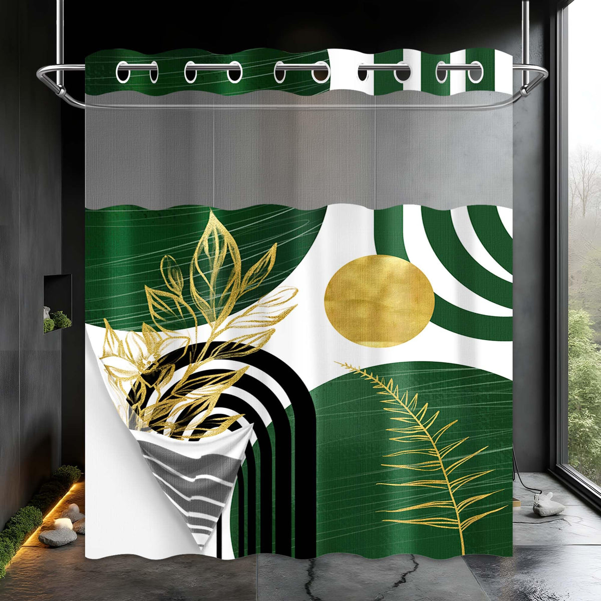 LanZanthic Boho Hookless Shower Curtain with Snap in Liner, Abstract Green and Gold Mid Century Modern No Hook Double Layer Shower Curtain and Liner