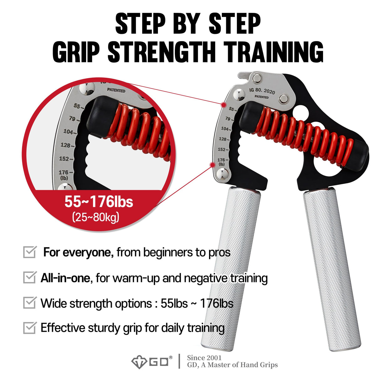 GD Hand Grip Strengthener, Iron Grip Light. 80 Adjustable Hand Gripper (55 to 176 lb) Hand Grips for Strength, Wrist strengtheners Wrist Training