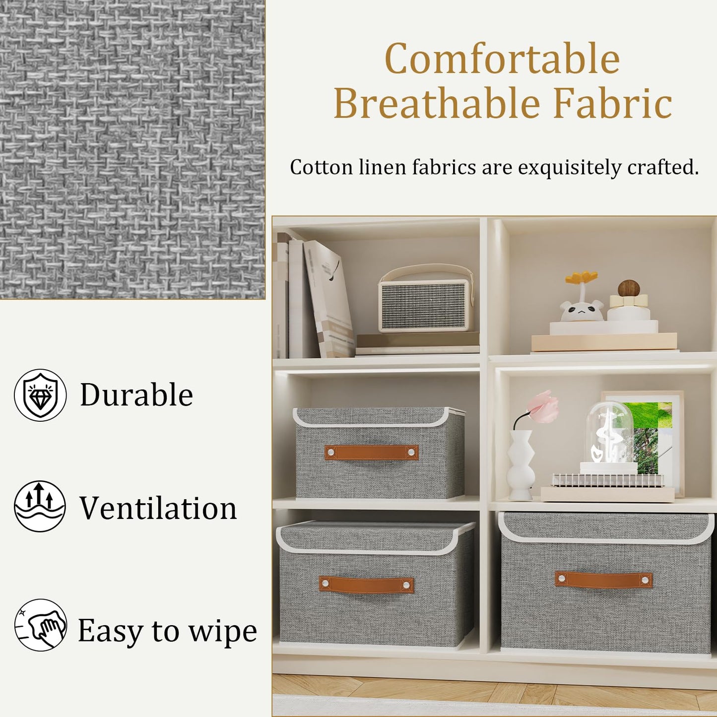 OUTBROS Fabric Storage Boxes with lids, Bins 33x23x20 cm (Grey, 3-Pack)