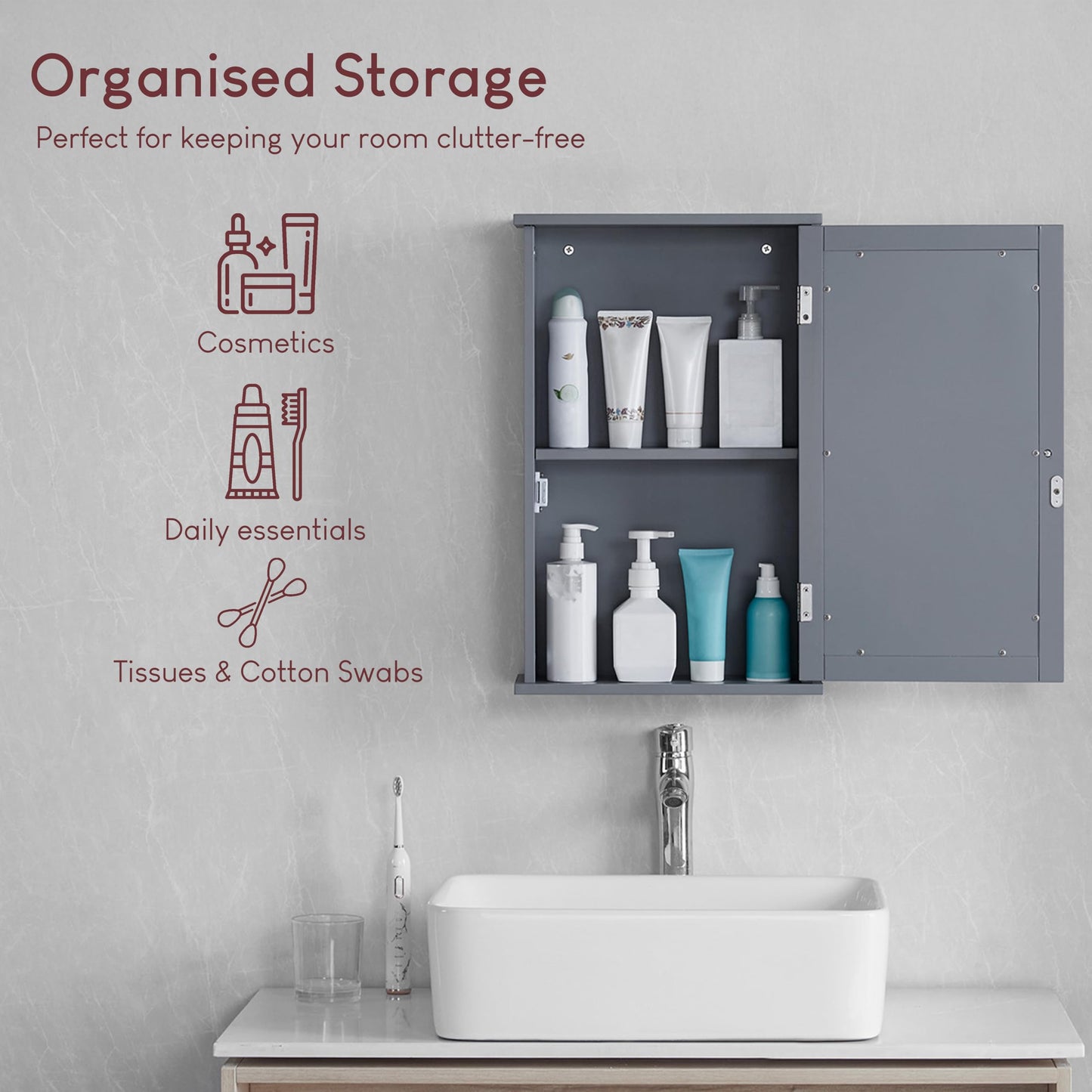 Bath Vida Priano Bathroom Cabinet Single Mirrored Door Wall Mounted, Grey