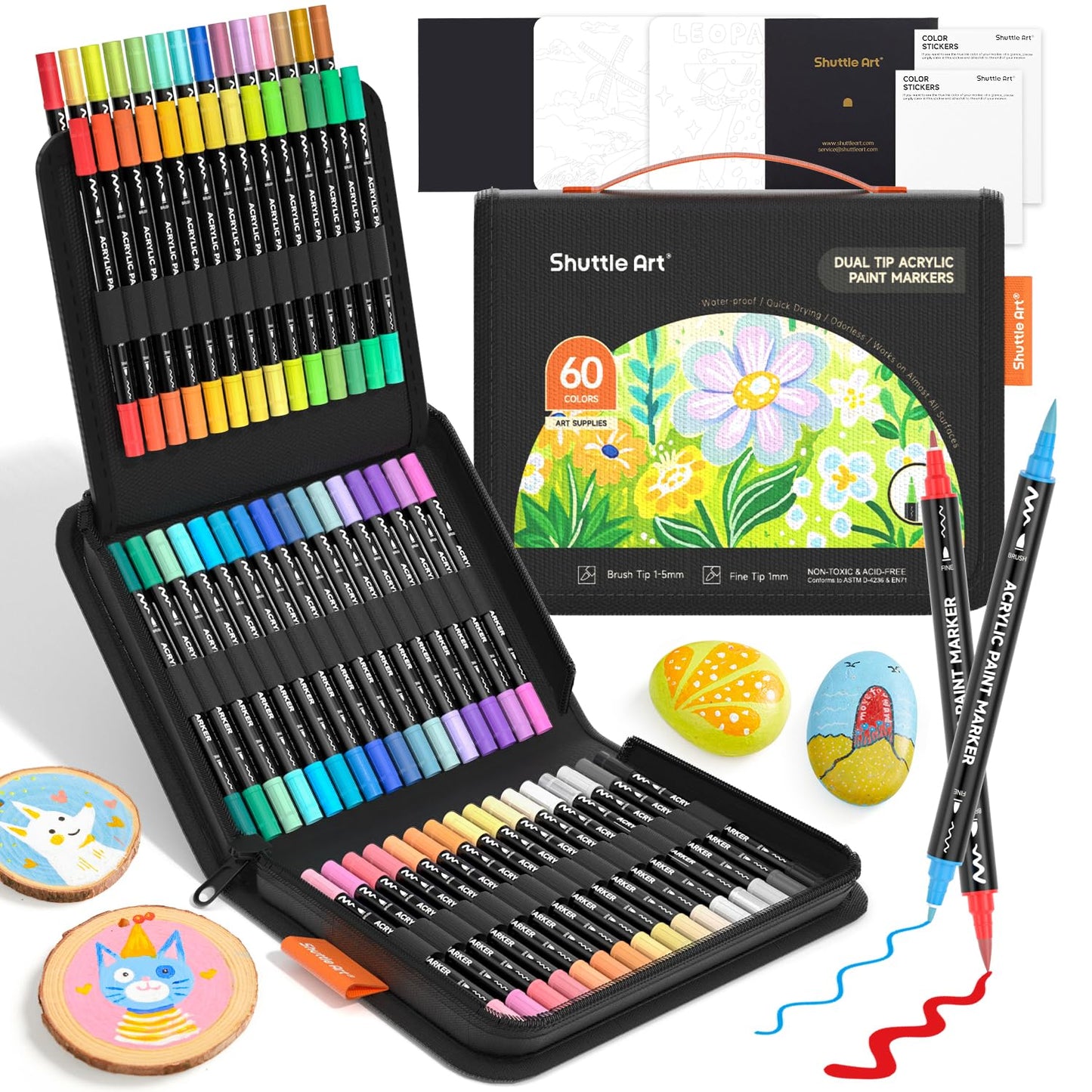 Shuttle Art Dual Tip Acrylic Paint Pens, 60 Colours Fine & Brush Paint Marker Pens, Paint Pens for Rock Painting, Ceramic, Wood, Fabric, Glass, Art