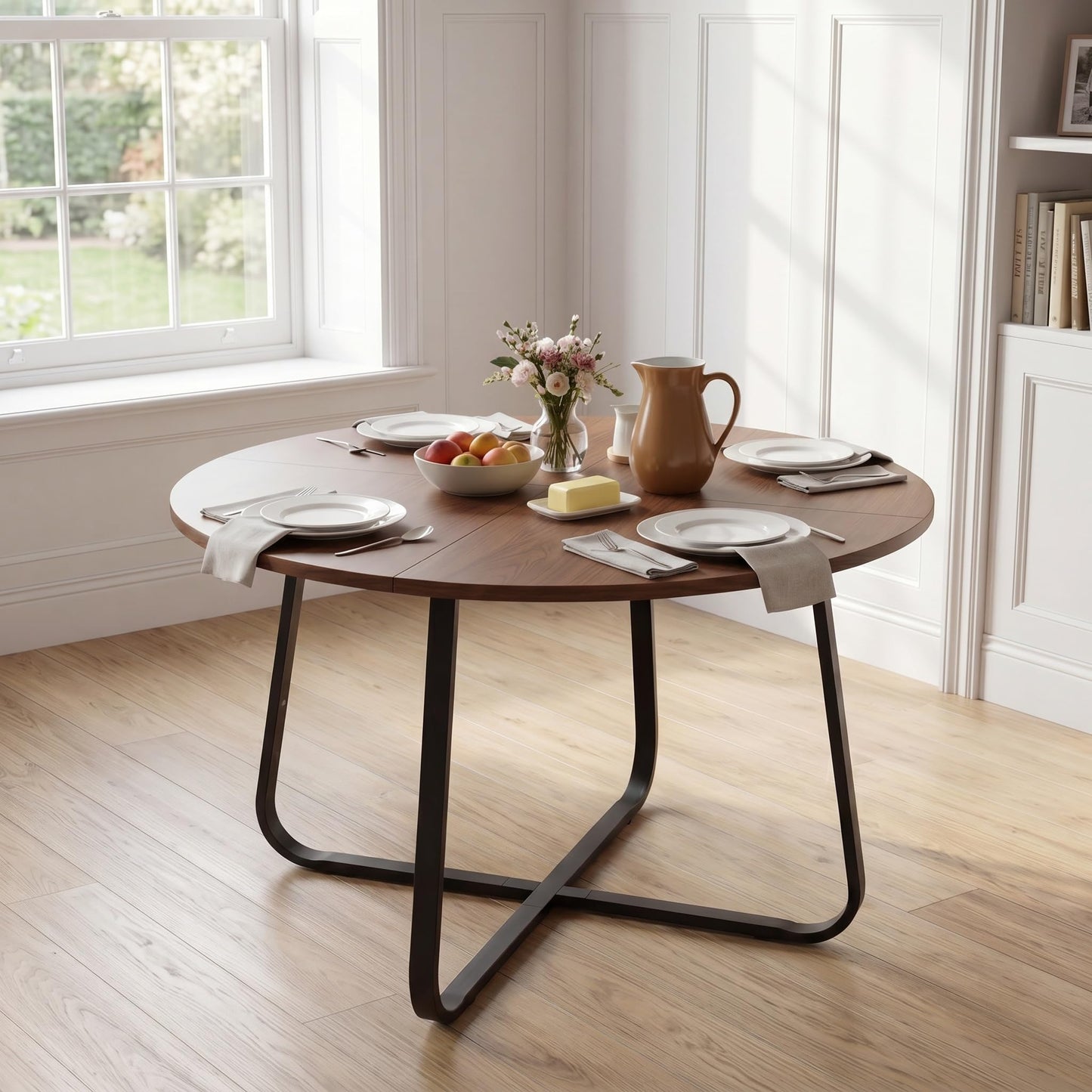 Turosur 47'' Round Dining Table with Walnut Wood Tabletop & Metal Legs
