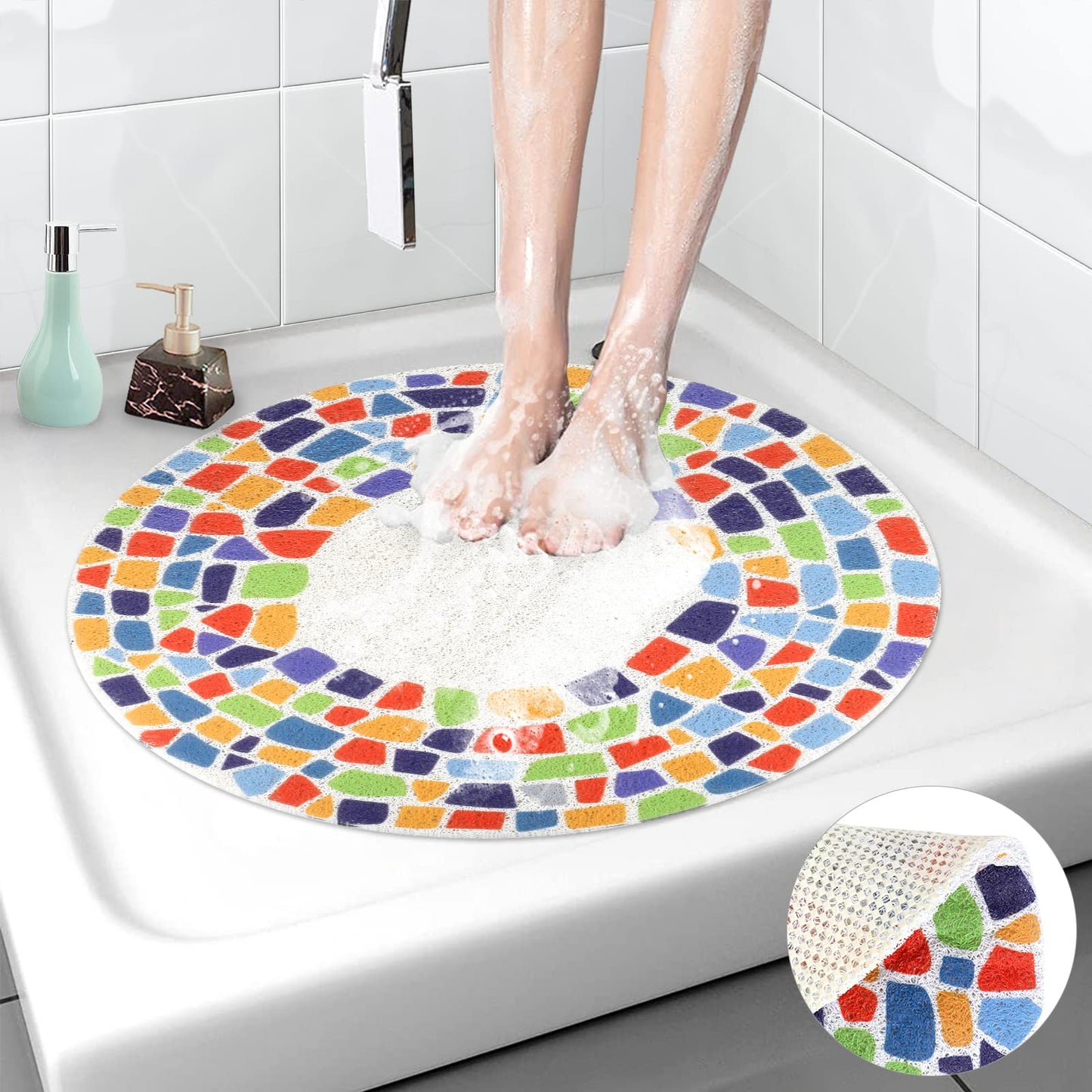 Shower Mat Non Slip, Round Shower Mats for Inside Shower 60cm, Bath Mat for Inside Bath Anti Mould, Soft Loofah Shower Massage Mat Bathroom Floor Mat