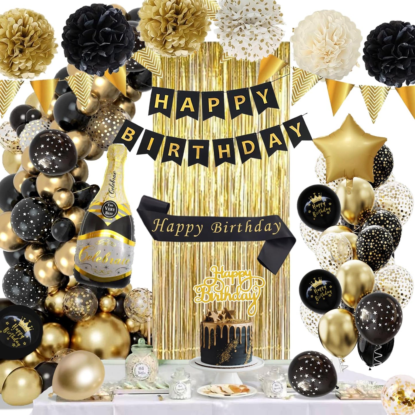 Birthday Decoration Black Gold Party Decoration Set with HAPPY BIRTHDAY Banner Confetti Balloons Sash Tinsel Curtains Pompoms for Men Women