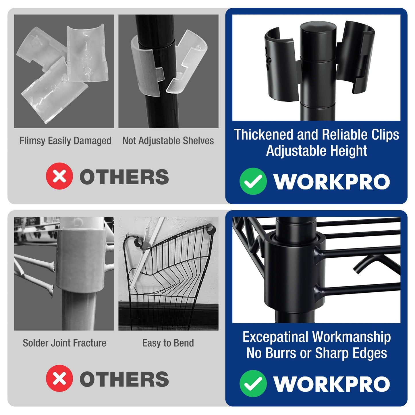 WORKPRO 4-Tier Metal Shelving Unit with 4 Hooks | Height Adjustable Storage Unit with Leveling Feet | Free Standing Shelf Units - 272KG Max-Weight |