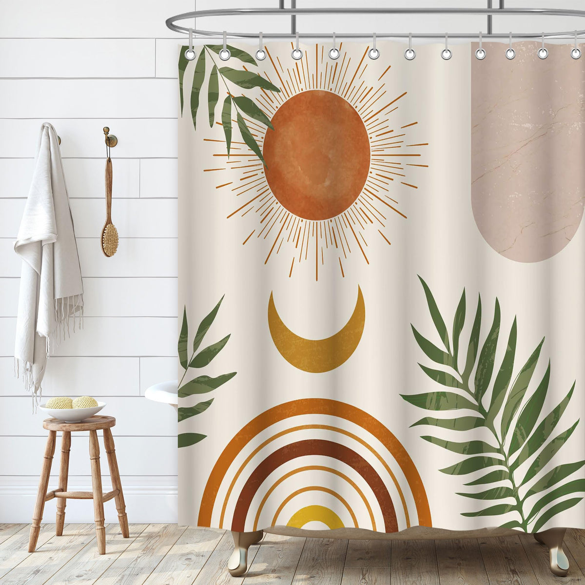 Kavier Vintage Boho Shower Curtain for Bathroom with 12 Hooks, Mid Century Abstract Shower Curtain Tropical Plant Bohemian Style, Pink Curtain for