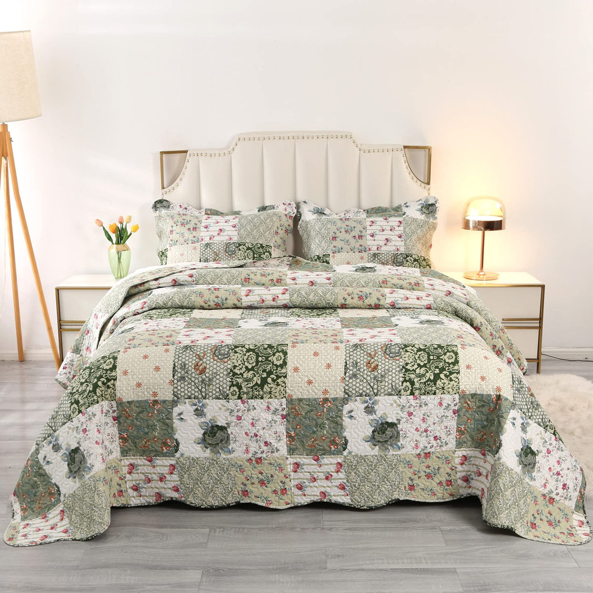 Qucover 3-Piece Double Bedspread Set, American Style Green Patchwork Pattern Bedspread, Light Breathable Polyester Ultrasonic Quilting Coverlet Set
