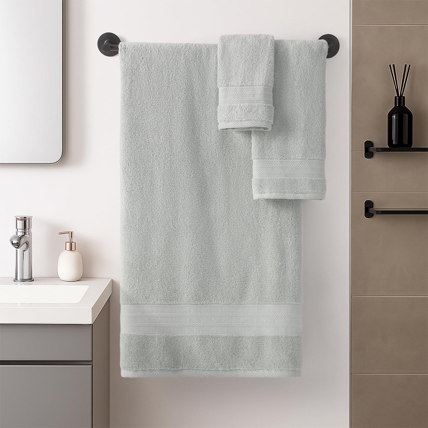 REDKISS 8 Piece Grey Towels Set with Hanging Loop-Quick Drying & Soft