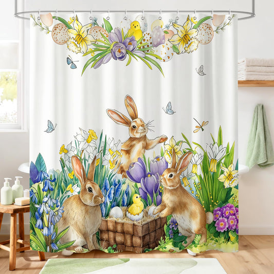 Hopomoon Spring Bunny Shower Curtain, Watercolor Cute Easter Bunnies Floral Chick Butterfly Bathroom Curtain with 12 Hooks,Waterproof Polyester