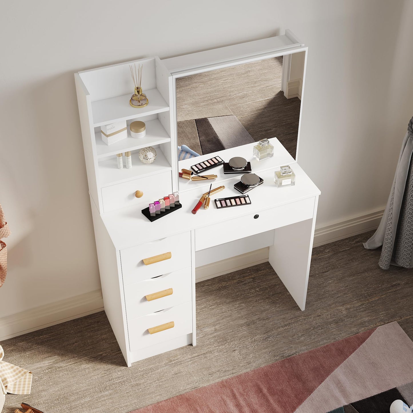 ZANOFIRA Dressing Table with Sliding Mirror, LED Lights with Adjustable Brightness, Makeup Desk with 3 Drawers & 4 Shelves