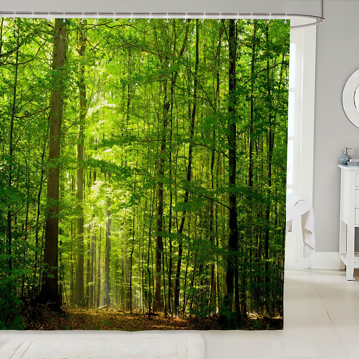 Loussiesd Woodland Shower Curtain 180x240cm Summer Forest Waterproof Shower Curtain Woodland Nature Jungle Waterproof Fabric Bathroom Sunlight