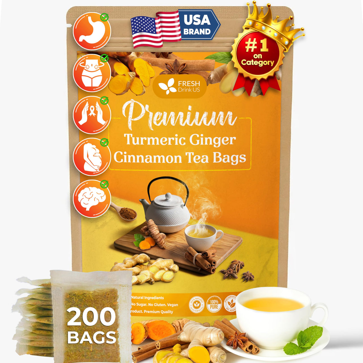 FreshDrinkUS, 200 Tea Bags Turmeric Ginger Cinnamon, 100% Natural, Hand-made Blend of Turmeric, Ginger, and Cinnamon.