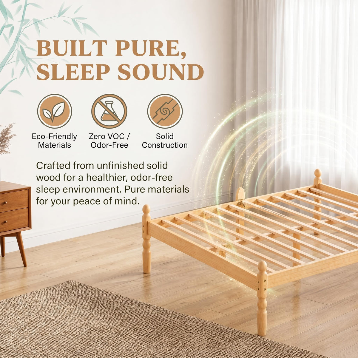 APEXTELLA HOME Double Bed Frame 14-inch Natural Bamboo Wood Platform Bed with Metal Slats Support and Mattress Slide Stopper, Underbed Storage Space