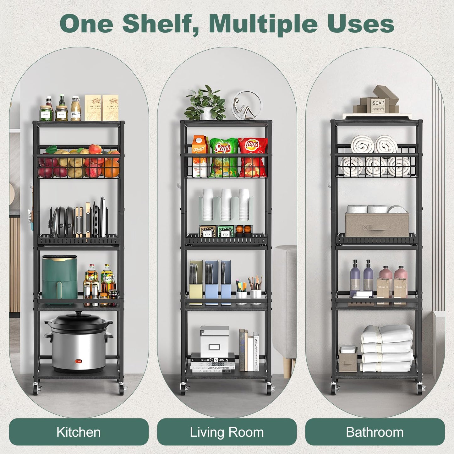 Housolution 5 Tier Kitchen Storage Cart with Fruit Basket Pot Lid Organizer