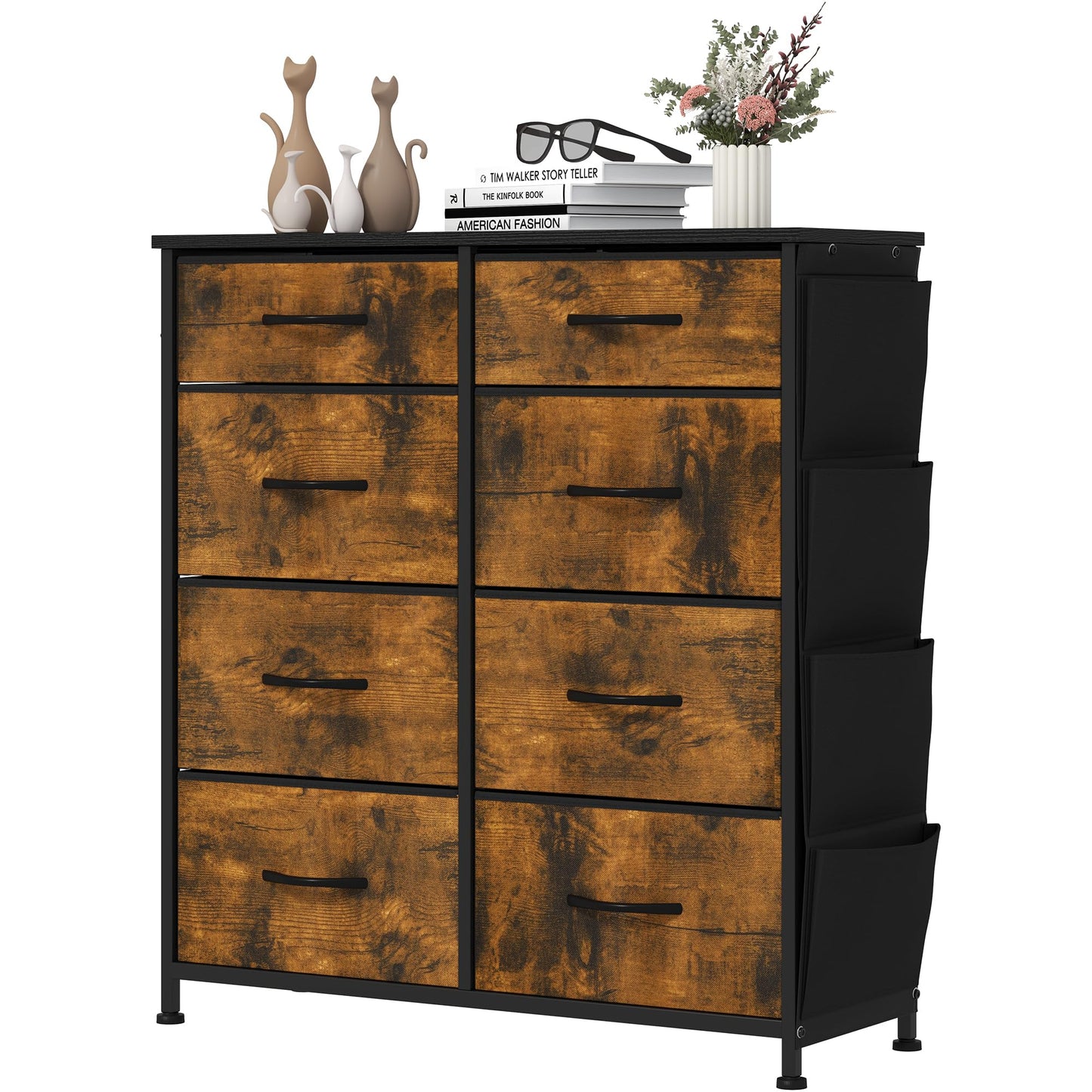YITAHOME Chest of Drawers with 8 Drawers, Fabric Drawers with Side Pocket&Hooks,Easy Pull Handle,Sturdy Steel Frame,Storage Drawers for Bedroom