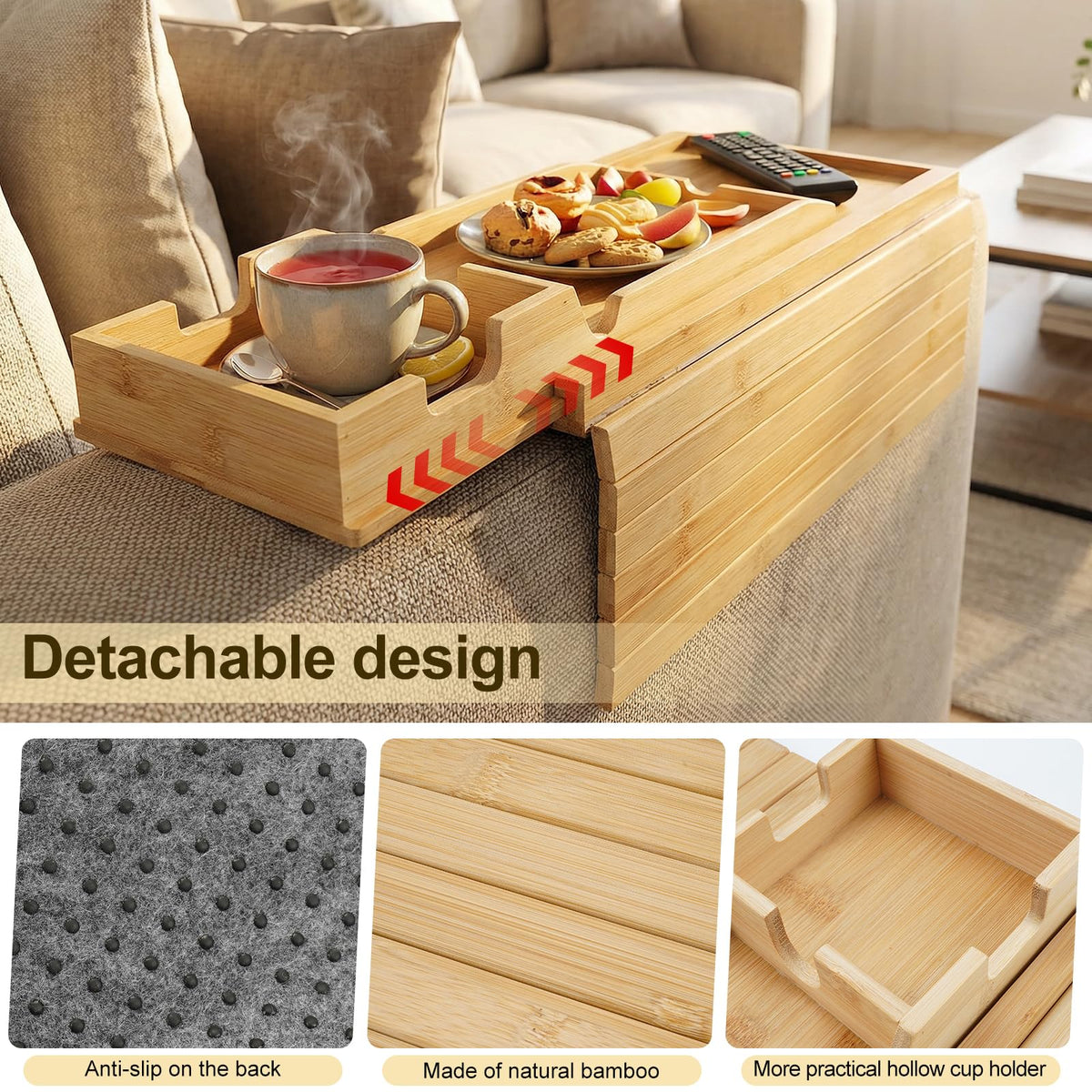 Bamboo Sofa Arm Tray, Foldable Table with Cup Holder and Remote Caddy