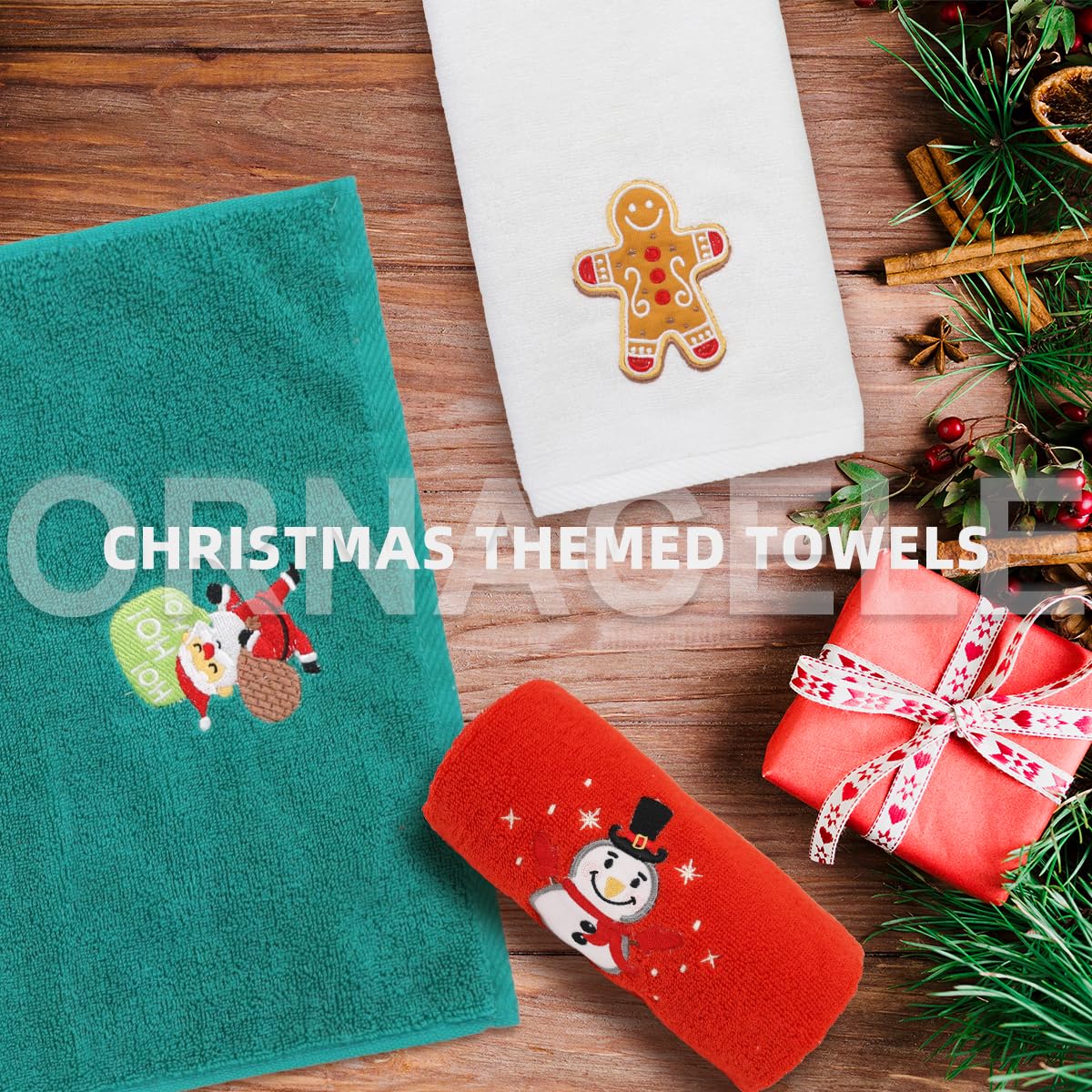 ORNACELE 3 Pack Large Size Christmas Hand Towels, 13.4 x 29.1 inch 100% Thick Cotton Christmas Kitchen Towels