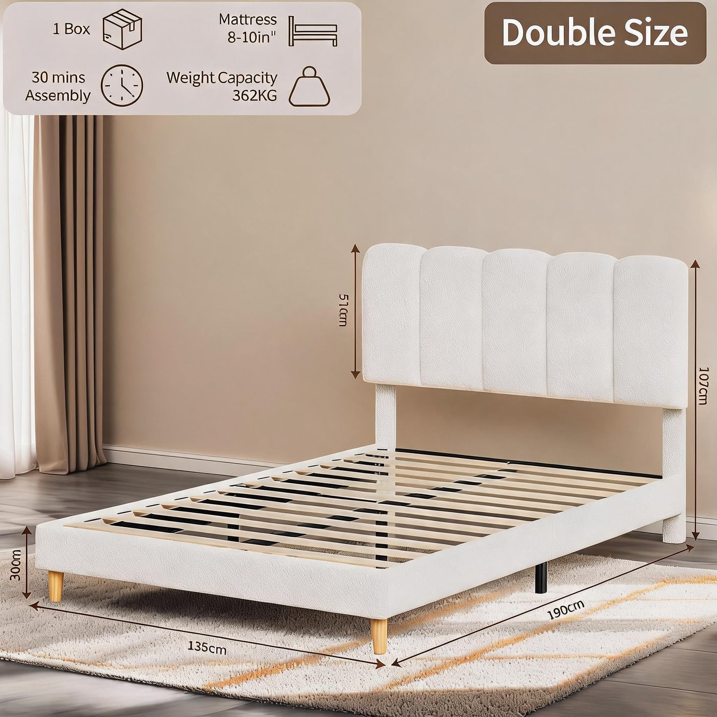 Crevyteg Modern Bouclé Upholstered Double Bed Frame 4ft6 135x190cm, Adjustable Wave Headboard, Sturdy Wooden Slats, Underbed Storage, Easy Assembly