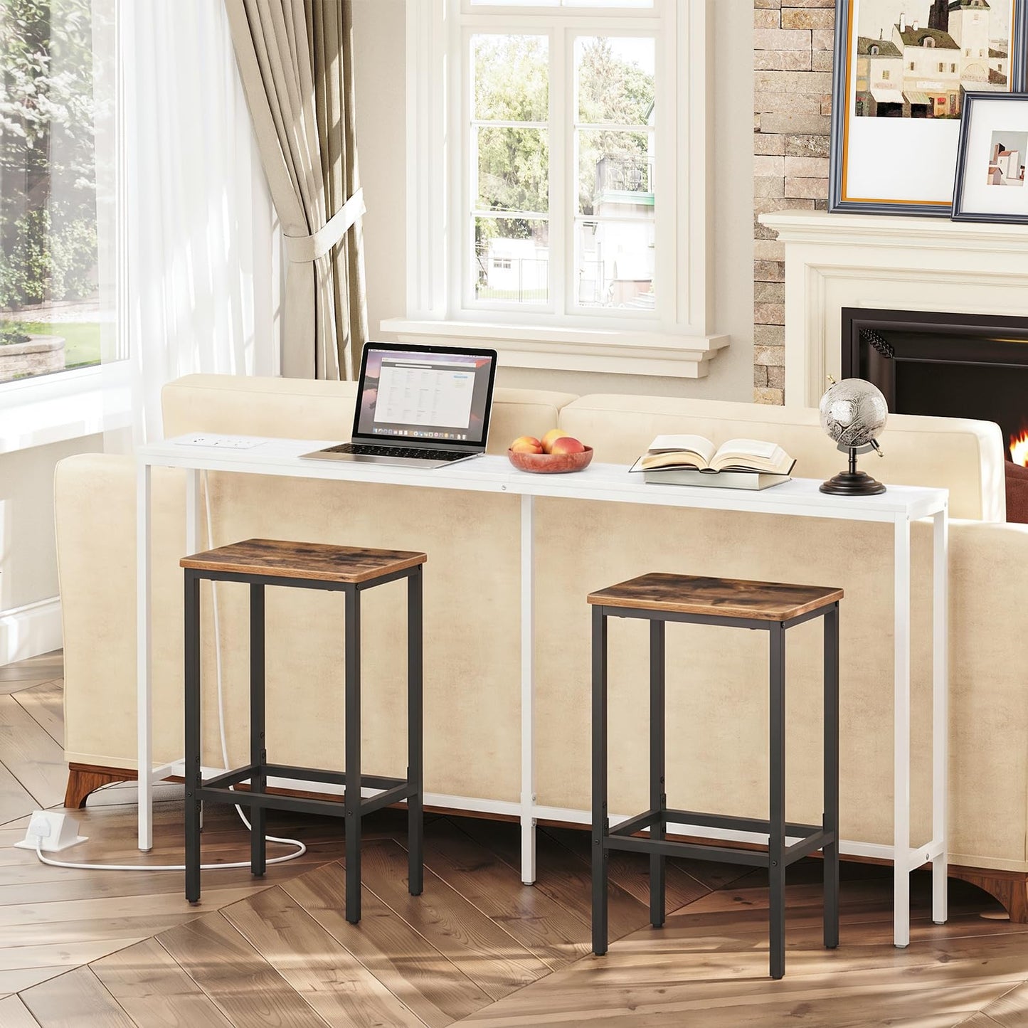 MAHANCRIS Console Table with Power Outlet, 160 cm Narrow Sofa Table, Industrial Entryway Table with USB Ports, Behind Couch Table for Entryway