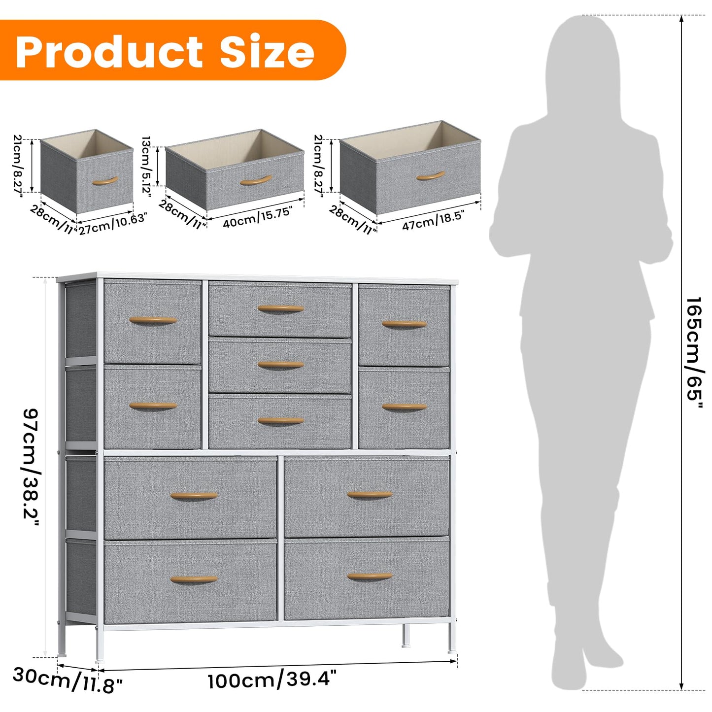 Feonase Chest of Drawers, Bedroom Tall Dresser with 11 Fabric Drawers, Metal Frame & MDF Wood Top, Adjustable Feet