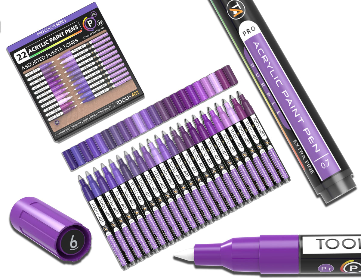 Acrylic Paint Pens 22 Purple Tones Assorted Pro Colour Series Markers Set 0.7mm Extra Fine Tip for Rock Painting, Glass, Mugs, Wood, Metal, Canvas,