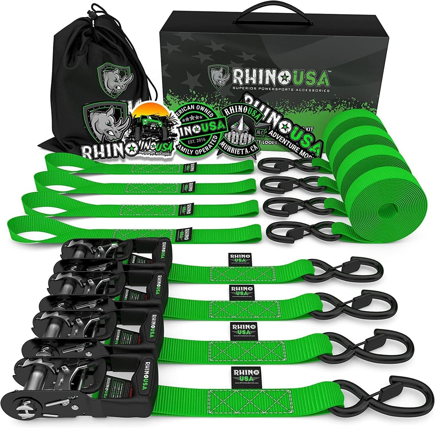 Rhino USA Ratchet Straps Tie Downs (4-Pack) - 2.5cm x 4.6m (800kg Break Strength) - Ultimate Tie Down Straps with Safety S Hooks - Premium Straps for