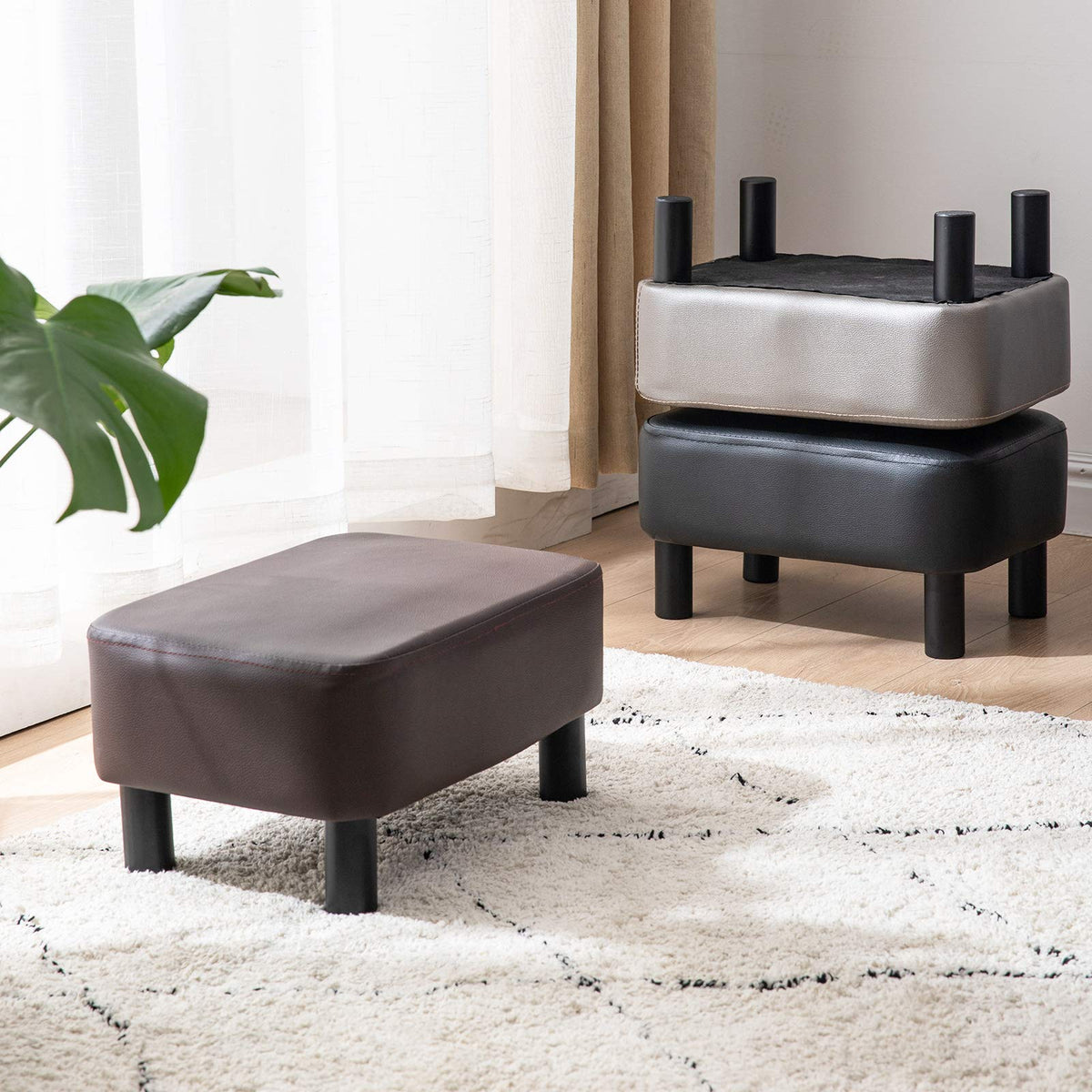 YMYNY 42CM Footstool, Small Foot Stool with Stable Wooden Legs, Modern PU Leather Footrest, Change Shoes Stool for Living Room