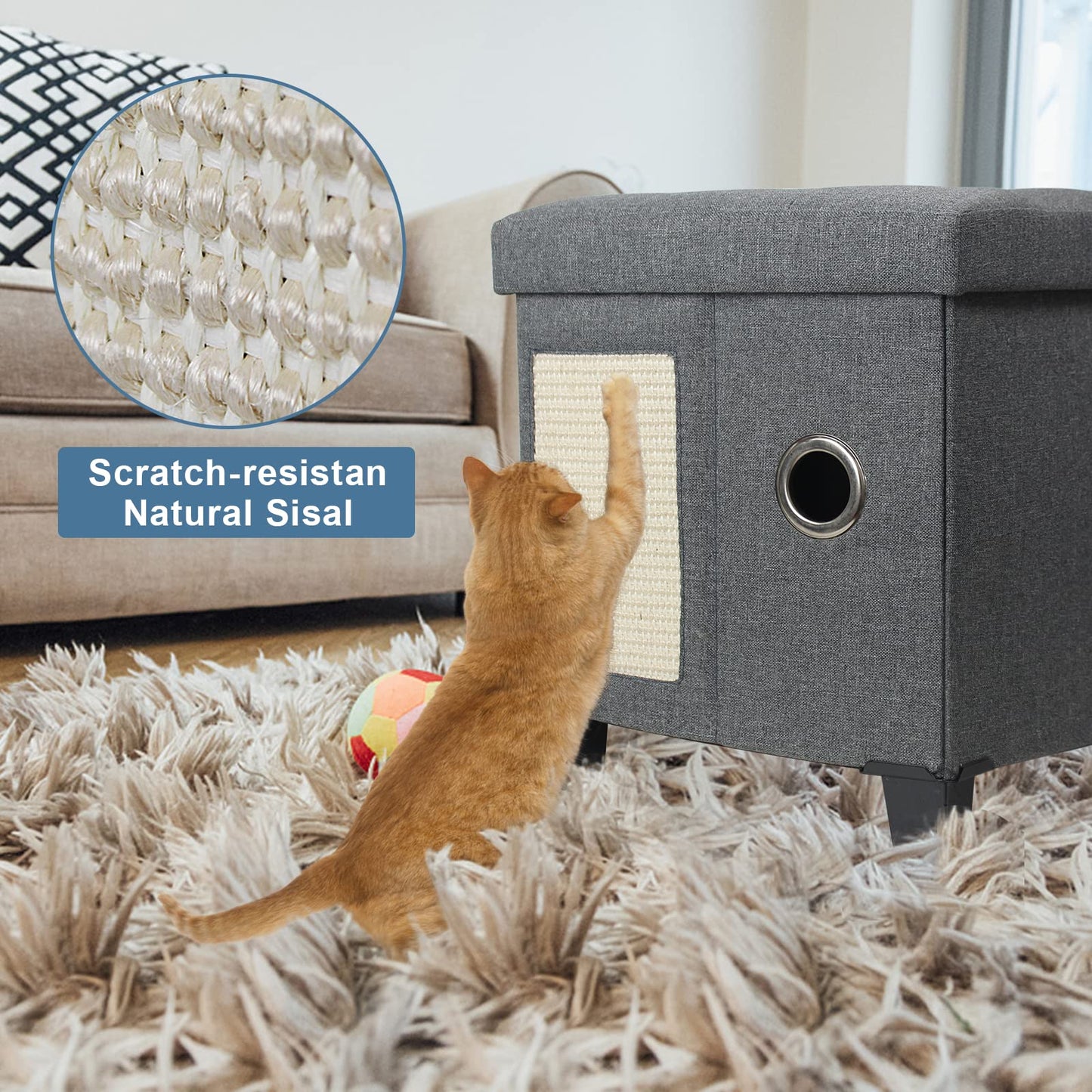 BRIAN & DANY Collapsible Cat Cave for Indoor Cats, Multifunctional Cube Cat House with Cat Scratch Board & Ball, 37.5 x 32.5 x 36 cm, Gray