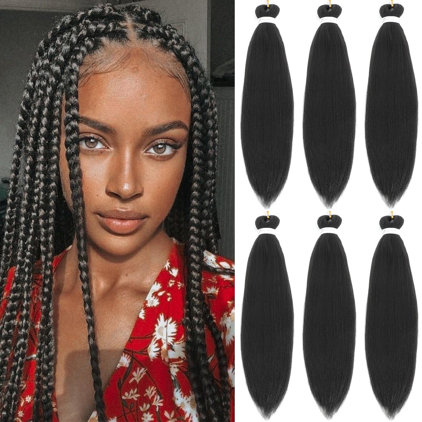 26 Inch Pre Stretched Braiding Hair?6 Packs Soft Yaki Texture EZ Braid for Box Braids Hot Water Setting Synthetic Fiber Hair Extensions?1B#?
