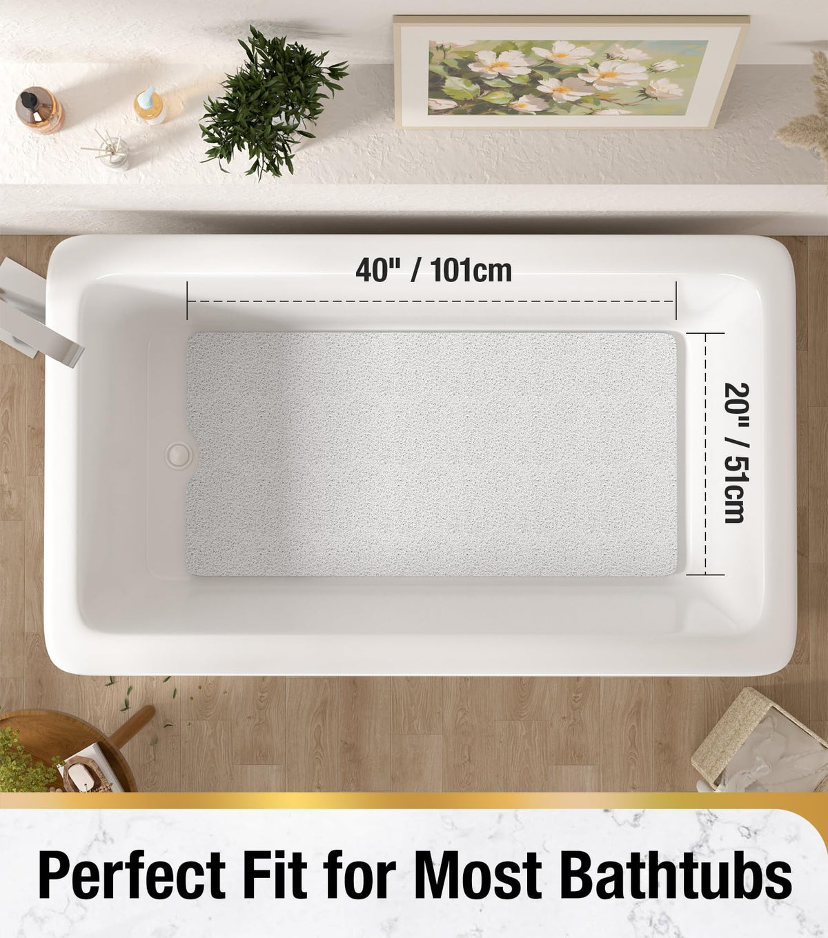 HITSLAM Non Slip Bath Mat 101x51 cm, Shower Mats for Inside Shower, White