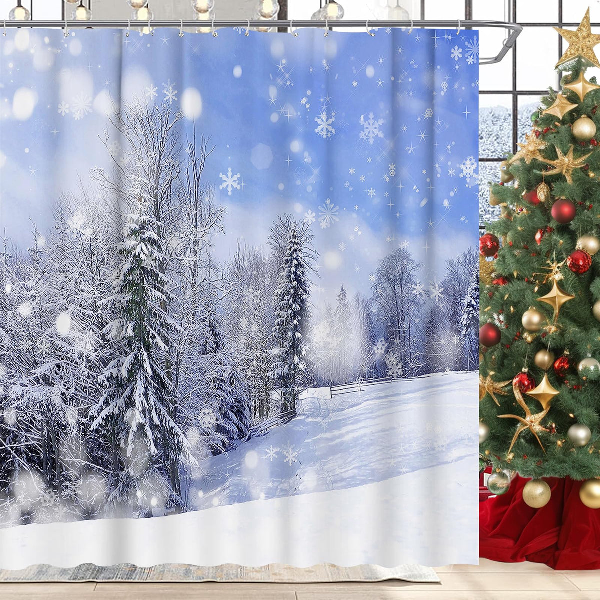 GOOESING Winter Shower Curtain Set with 12 Hooks Christmas Wonderland Forest Bokeh Snow Scene Pine Tree Bathroom Curtain Durable Waterproof Polyester