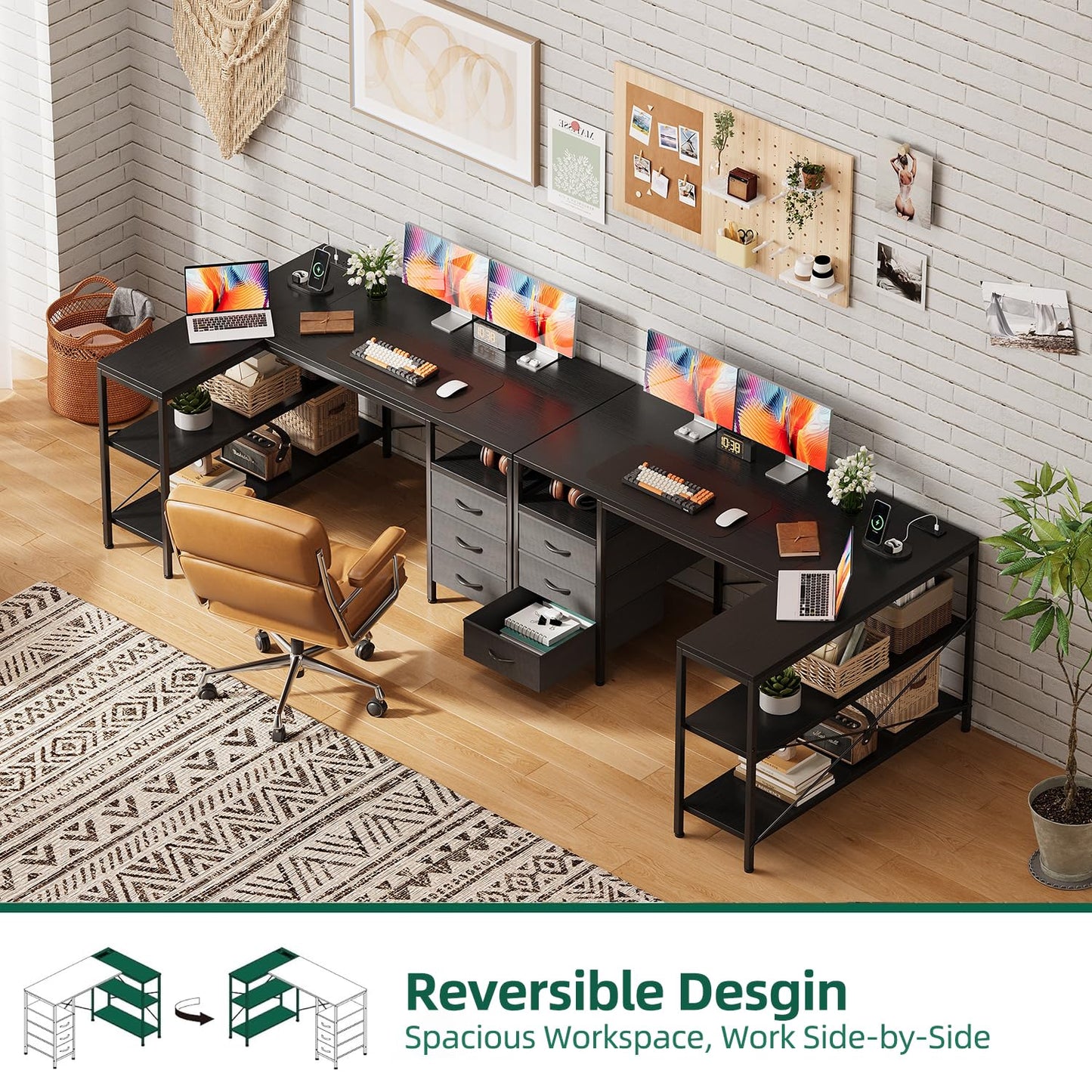 CAIYUN 120cm Corner Desk with Drawers, Reversible L shaped Computer Desk with Power Outlet, Home Office Desk with USB Charging Port, Black