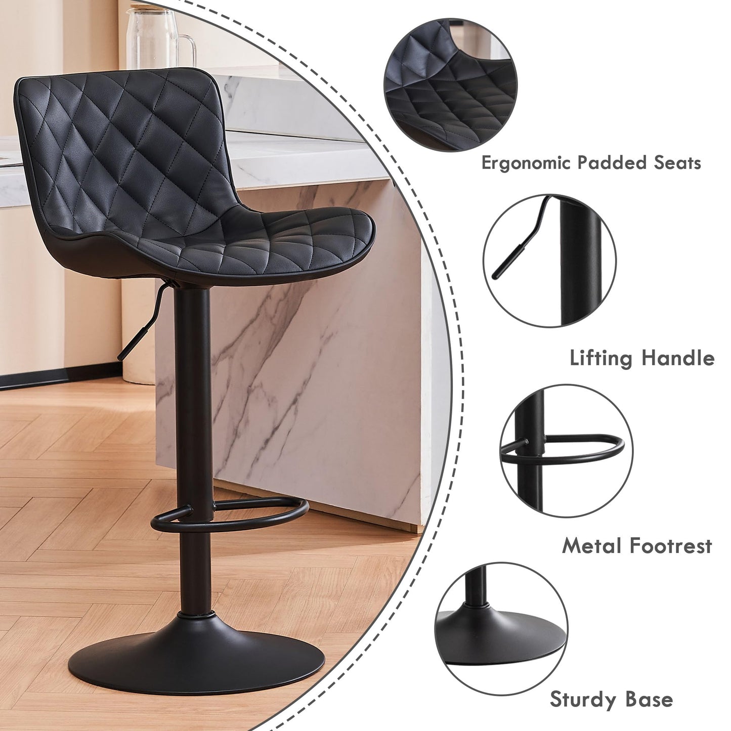 Kidol&Shellder Black Bar Stools Set of 2 Modern Kitchen Stools