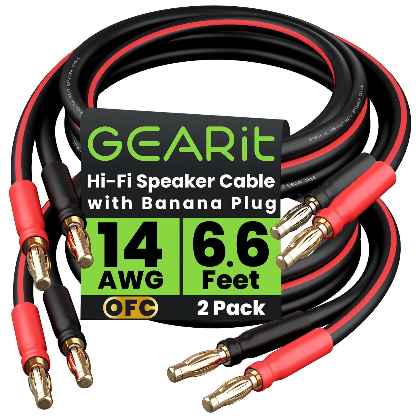 GearIT 14 AWG Speaker Cable with Banana Plugs (2 Pack, 6.6 Feet - 2 Meter) - 14Ga Gauge Banana Wire for Bi-Wire Bi-Amp HiFi Surround Sound - 99.9% OFC