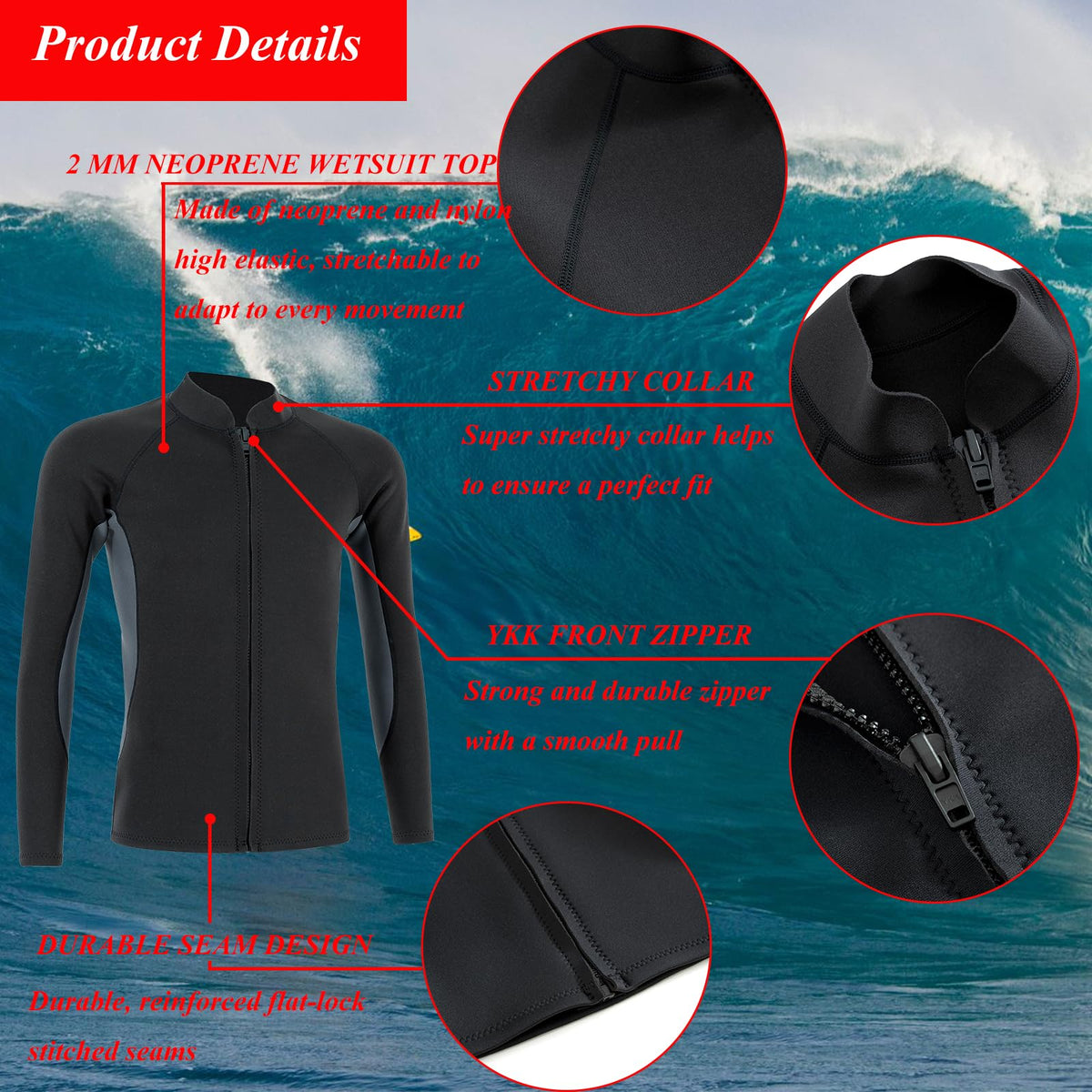 YDQUANI 2mm Wetsuit Top Neoprene Wetsuits Jacket Thermal Long Sleeves Diving Suit for Men Women Open Water Swimming Snorkeling Scuba Diving Surfing