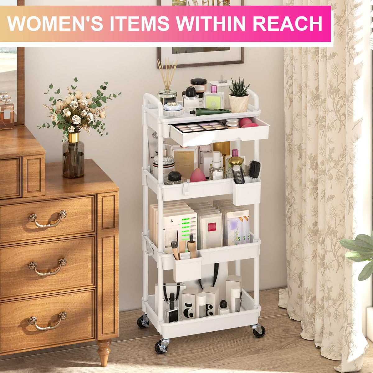 Yeabett 4 Tier Storage Trolley with Drawer, Utility Cart with Plastic Shelf & Lockable Wheels Multifunctional Storage Cart for Kitchen, Bathroom