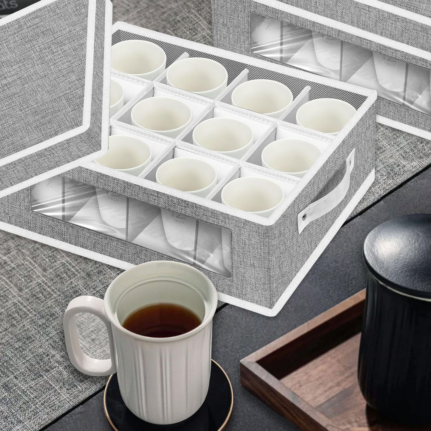 VERONLY 2 Pack Cup and Coffee Mug Storage Box Organiser with Dividers, China Storage Containers Hard Shell with 24 Compartments for Mugs Moving and