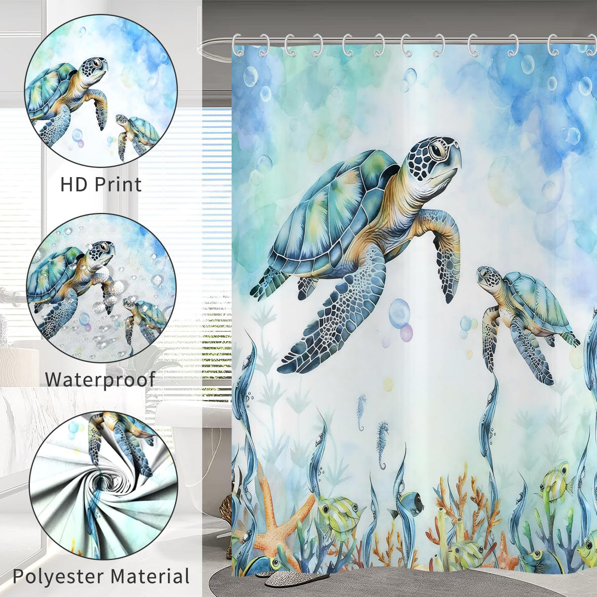 Hnmdmyi Sea Turtle Shower Curtain 180x200, Teal Ocean Underwater Tropical Fishes Starfish Seahorse Coral Bathroom Curtains Waterproof Polyester
