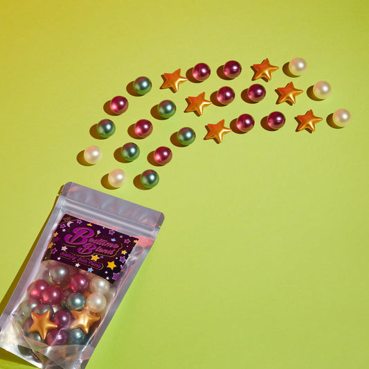 30 Bath Pearls - Bedtime Blend Themed Jumbo Bag. Retro 90's Gift, Relaxing scents, Lavender, Vanilla, Coconut and Lotus Balls and Stars. Teenage