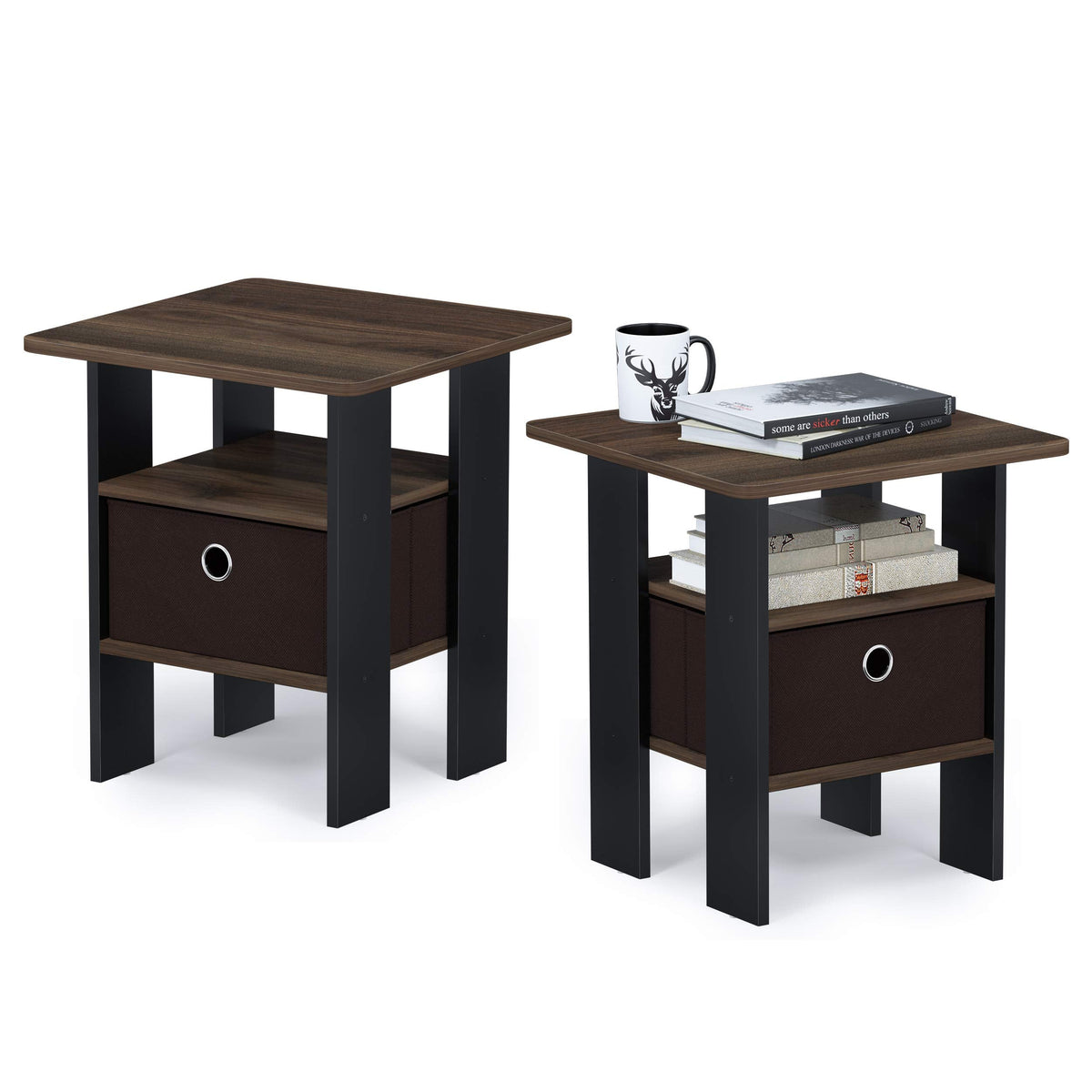 Furinno ANDREY Side Table, Set of 2 End Table, Night Stand with Open Shelves and Storage Bin, Bedside Table, for Living Room, Bedroom, Amber Pine