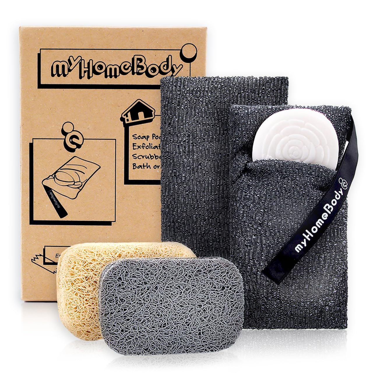myHomeBody Soap Pocket Exfoliating Pouch, Body Scrubber Sponge, Exfoliator for Bath, Shower or Leftover Bits Saver, Graphite Gray, 2 Pack + 2 Lift