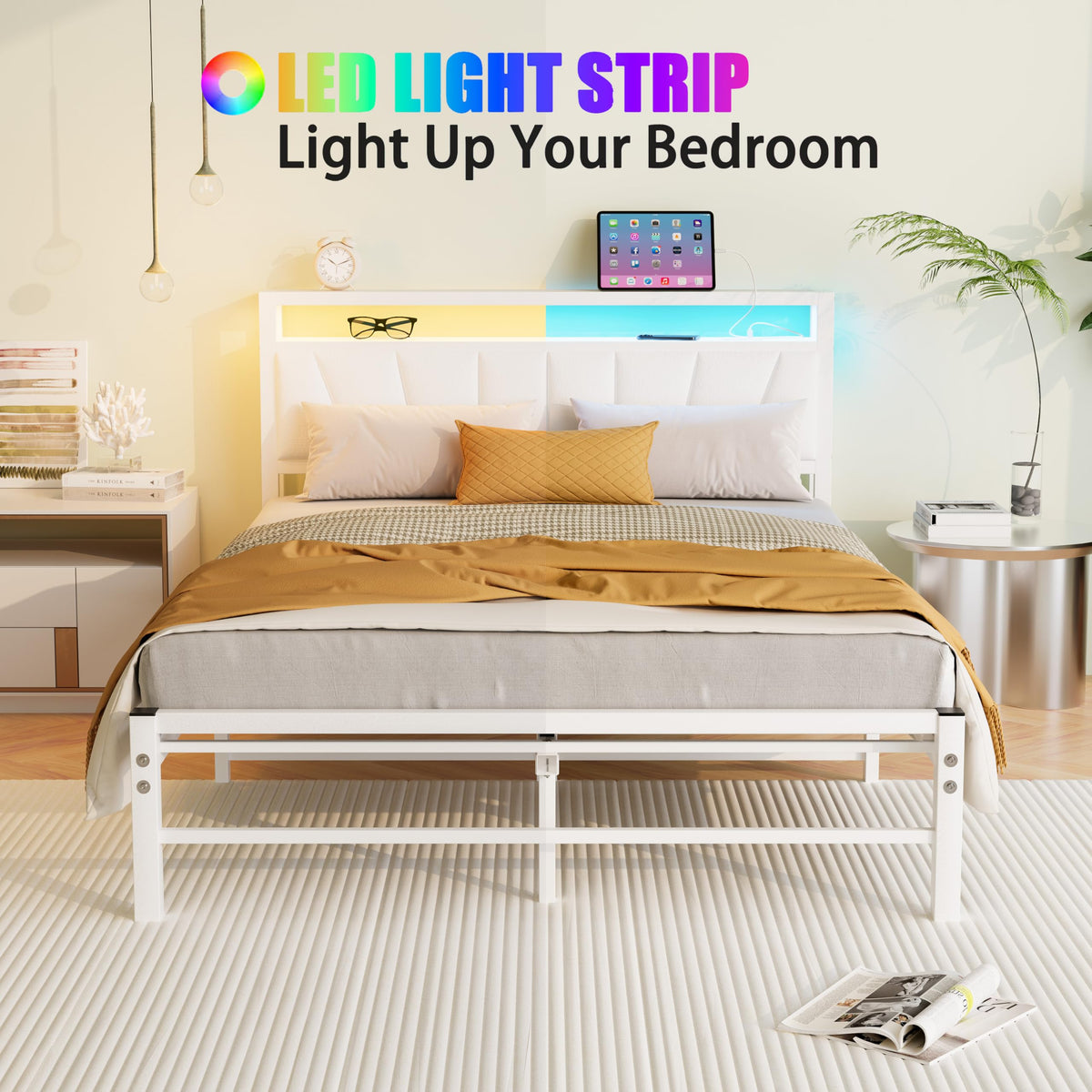 BORPHOM White Double Bed Frame with Storage and LED Lights,4ft6 Metal Platform Bed Frame Double Size Bed Base with Charging Station,Mattress