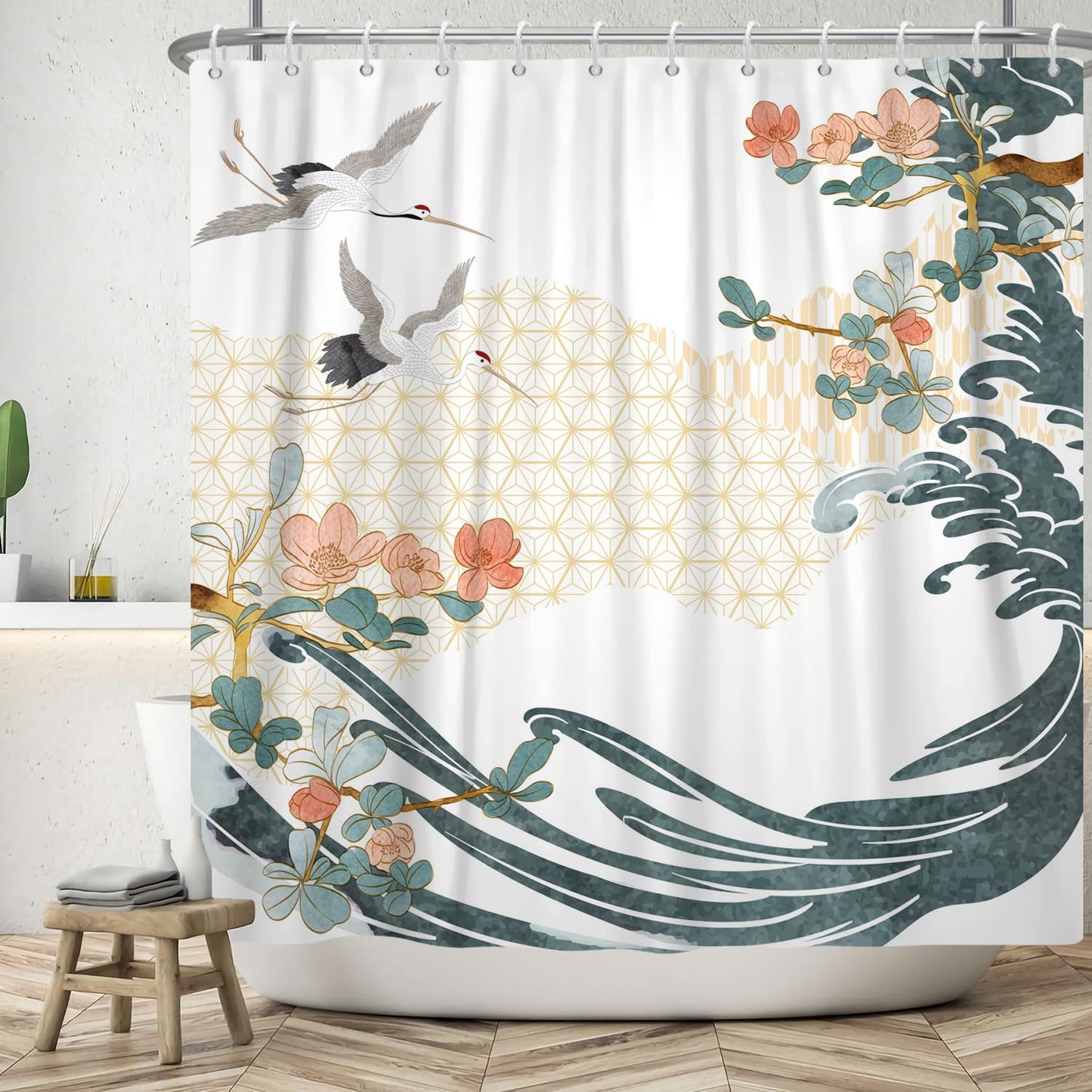 ASDCXZ Shower Curtain 180x200 cm, Asian Japanese Painting Plum Flower Flying Crane Waves Bath Washable Shower Curtains Polyester Textile Waterproof