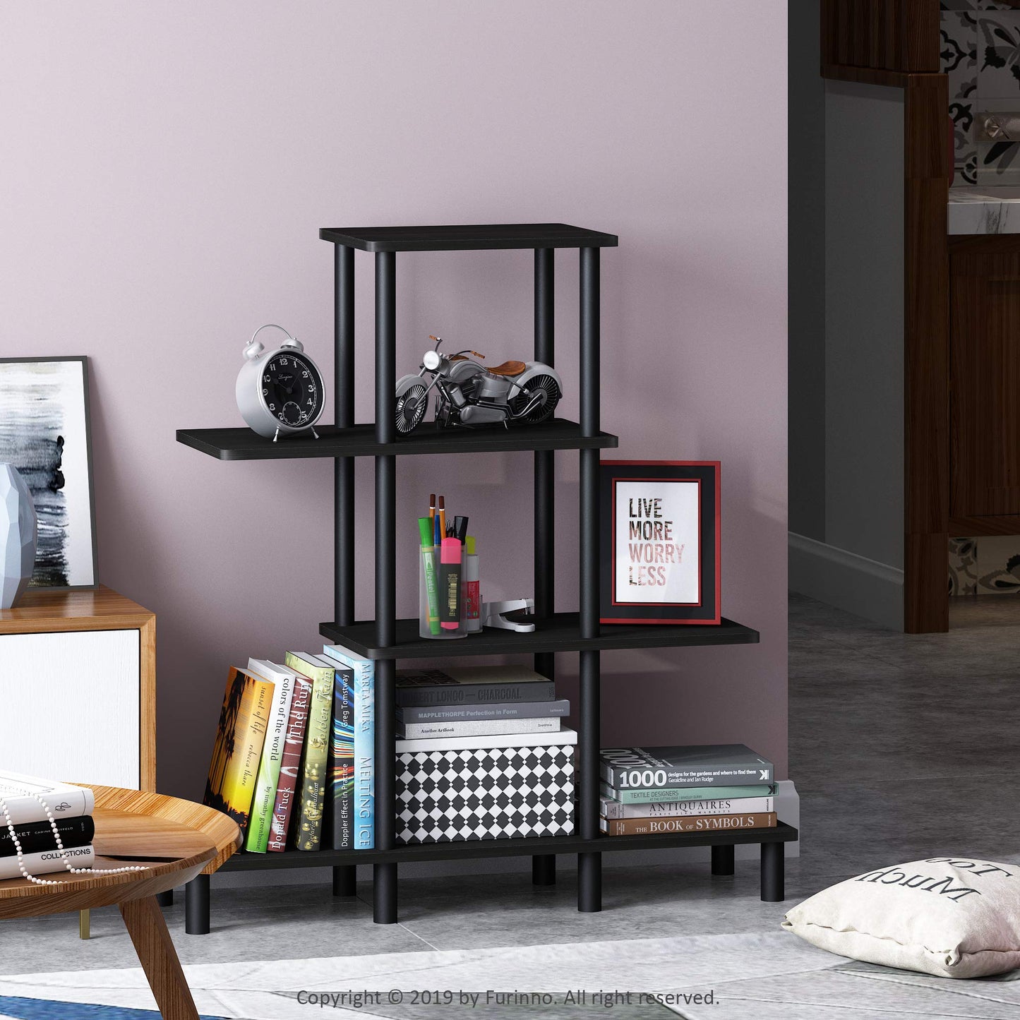Furinno TURN-N-TUBE Storage Shelves, 4-Tier Ladder Book Shelf, Accent Display Shelf, Toolless Open Shelves, Round Tubes, for Organization and Storage