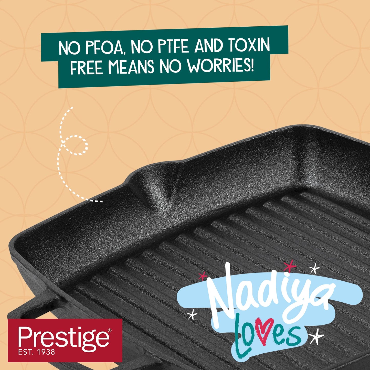 Prestige x Nadiya Cast Iron Griddle Pan - Pre Seasoned Square Cast Iron Pan 25cm, Induction suitable, BBQ & Oven Safe, Toxin Free Cast Iron Skillet