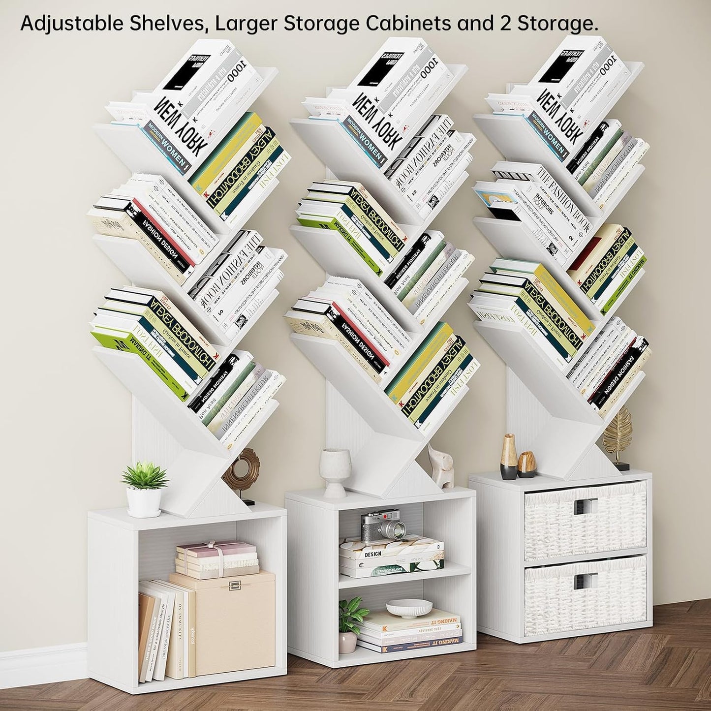 Vagusicc 6 Tier Tree Bookshelf, Modern Floor Standing Bookcase with Storage Drawer, Space Saving Storage Organizer Book Shelves for Books