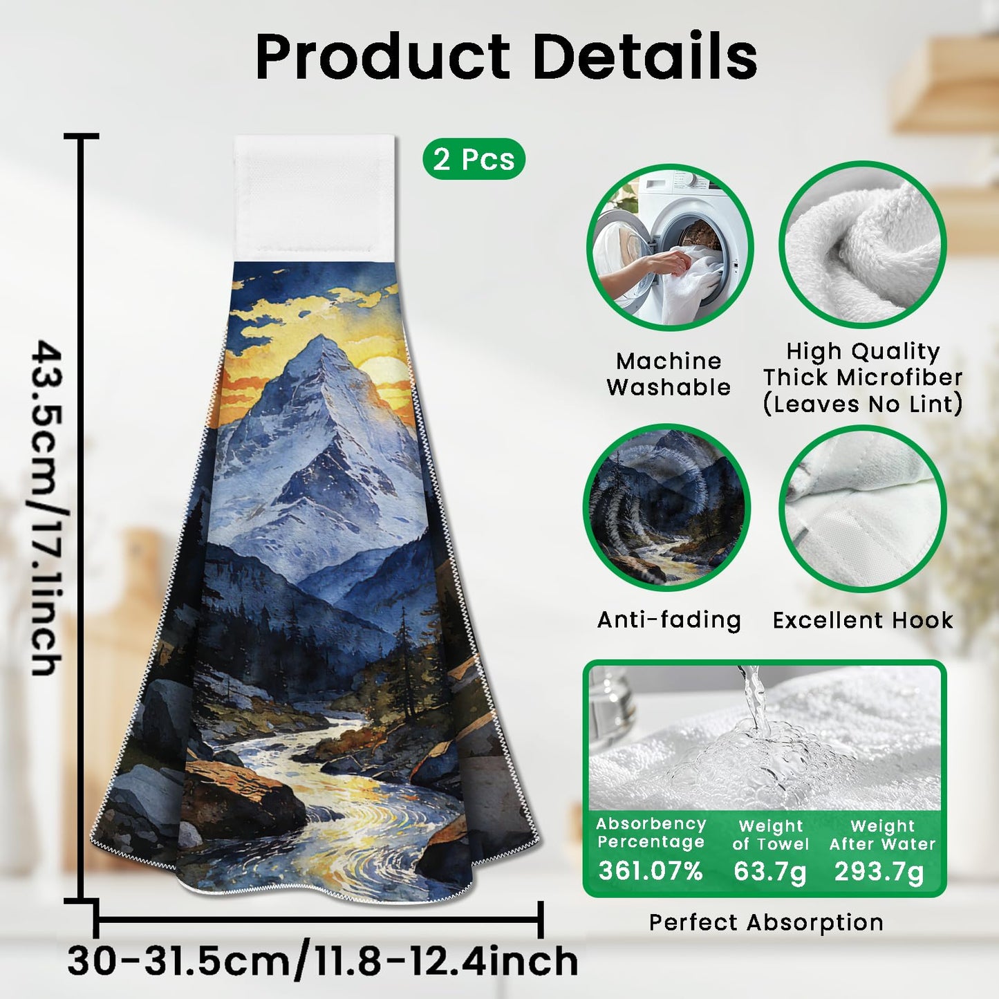 CUTHOLLOW 2 Pcs Mountains and Landscape Hanging Kitchen Towels with Loop