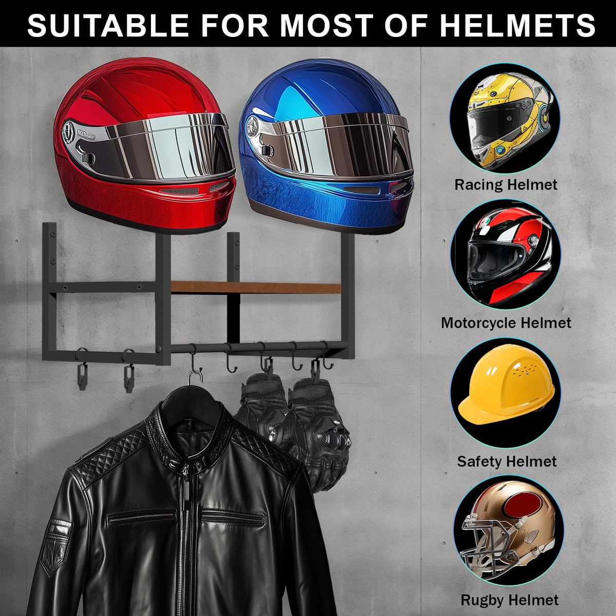 Motorcycle Helmet Holder Wall Mount, Retro Helmet Rack with Wooden Board