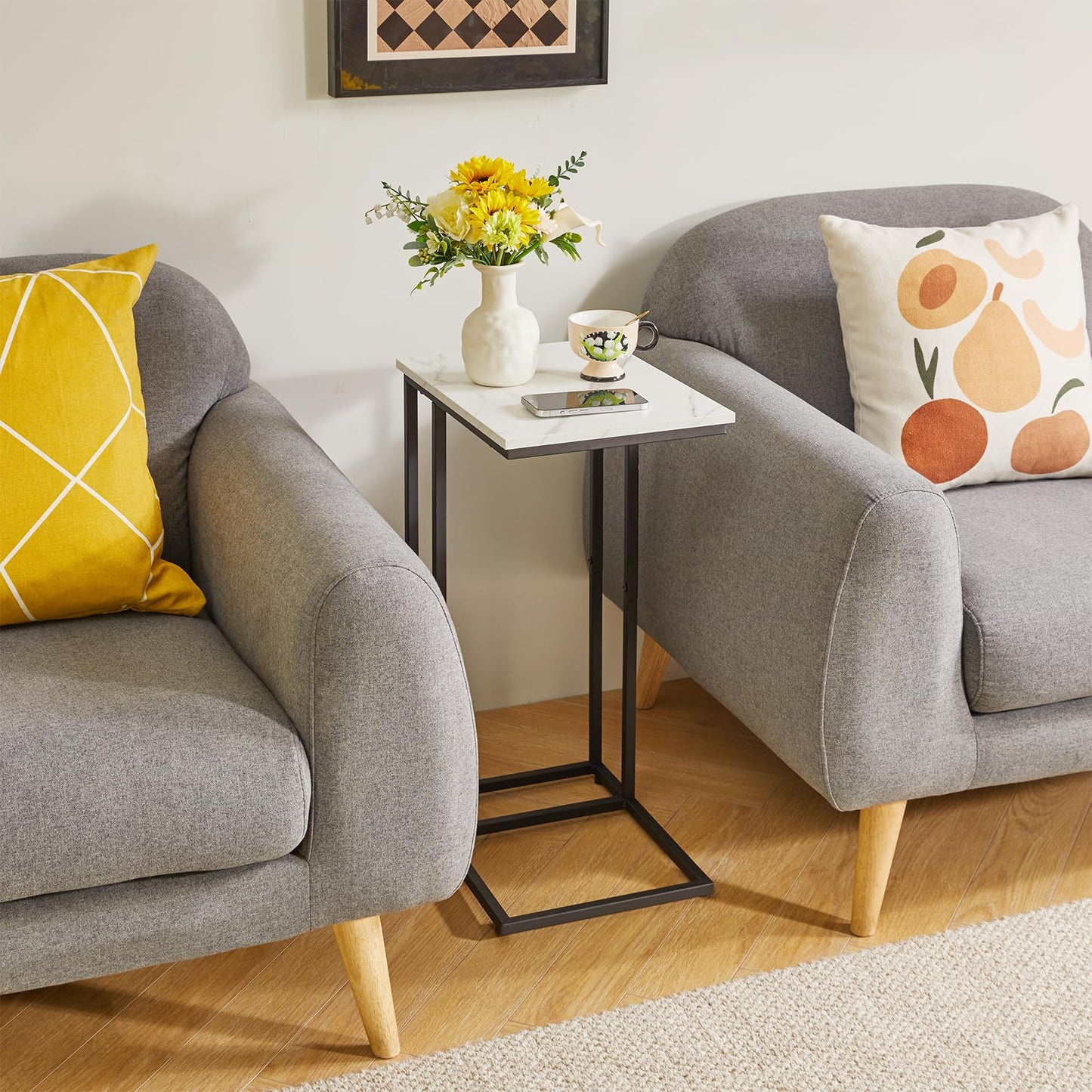 Aibiju C Shaped End Table, Slide and Sofa Table, Bedside Snack Table with Steel Frame for Living Room, Bedroom