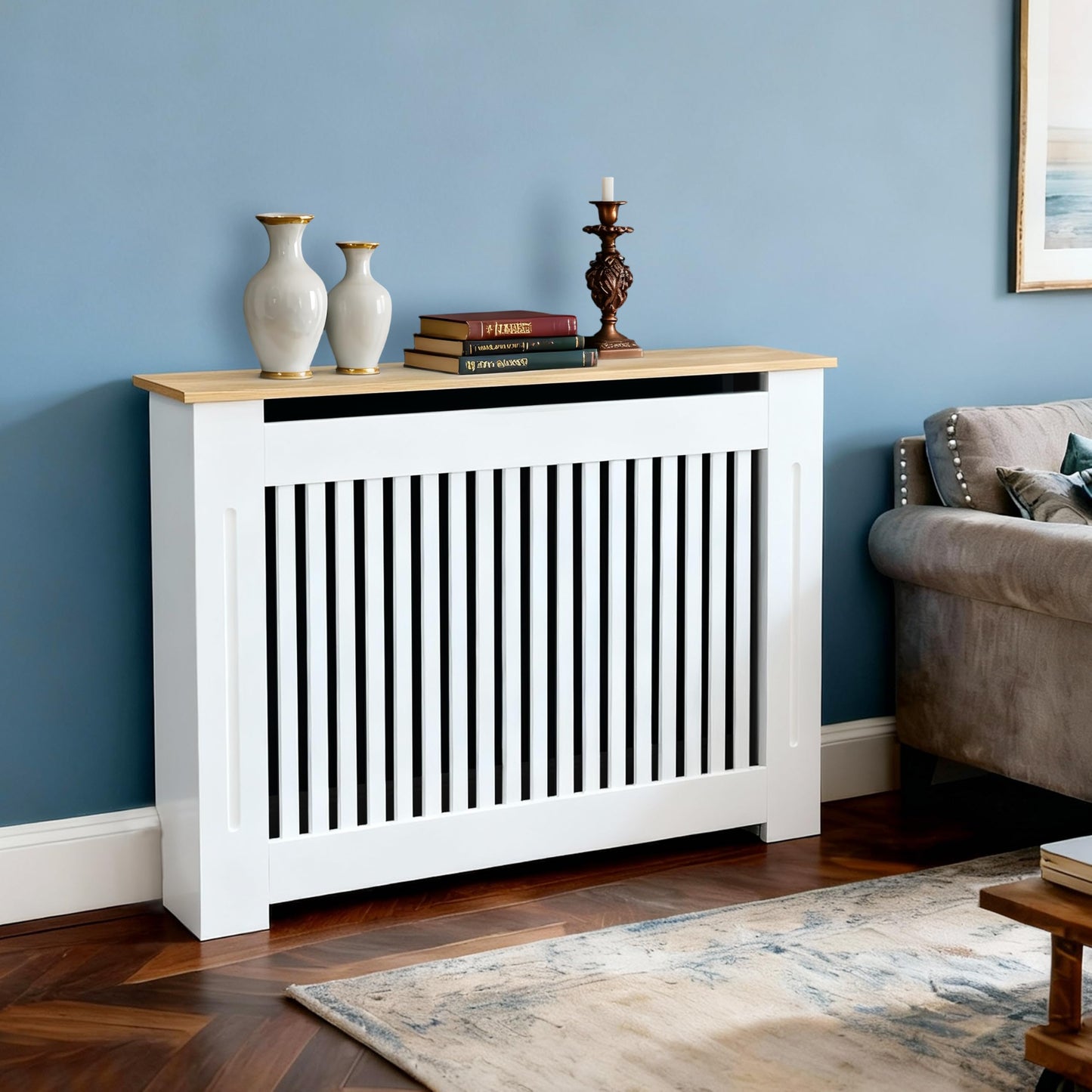 Tall Radiator Cover Painted Radiator Covers, 92cm External Height Medium Heater Covers with Wood Texture Nature Top, Inner 90cm Vertical Slats - White